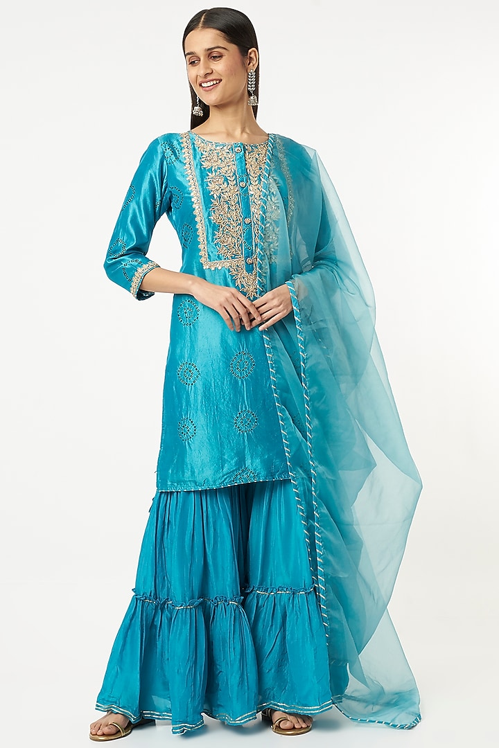 Blue Bandhej Silk Sequins & Zardosi Embroidered Kurta Set by Zari Jaipur
