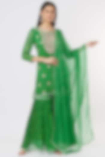 Green Georgette Bandhej Sharara Set by Zari Jaipur at Pernia's Pop Up Shop