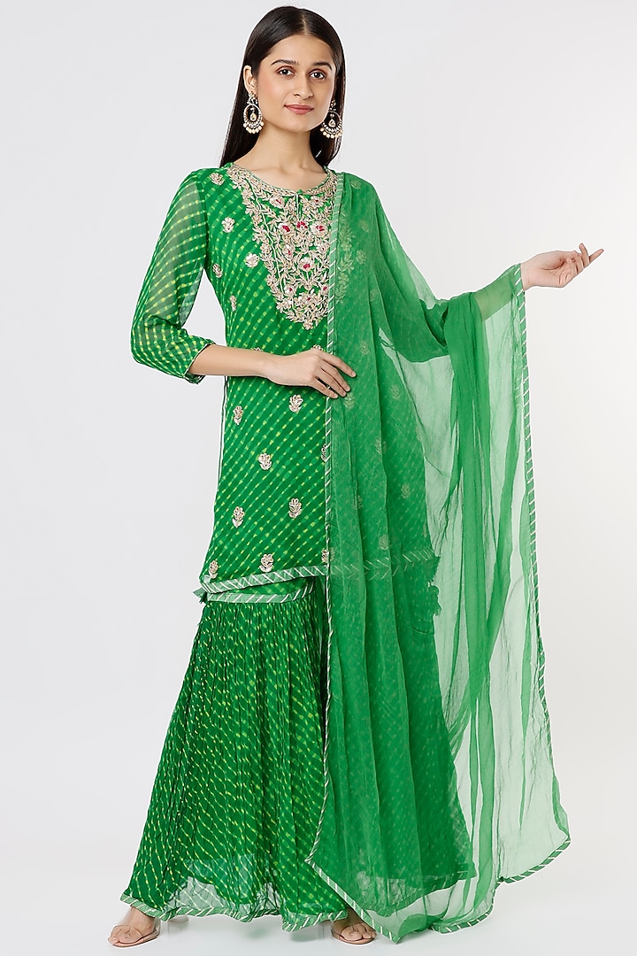 Green Georgette Bandhej Sharara Set by Zari Jaipur at Pernia's Pop Up Shop