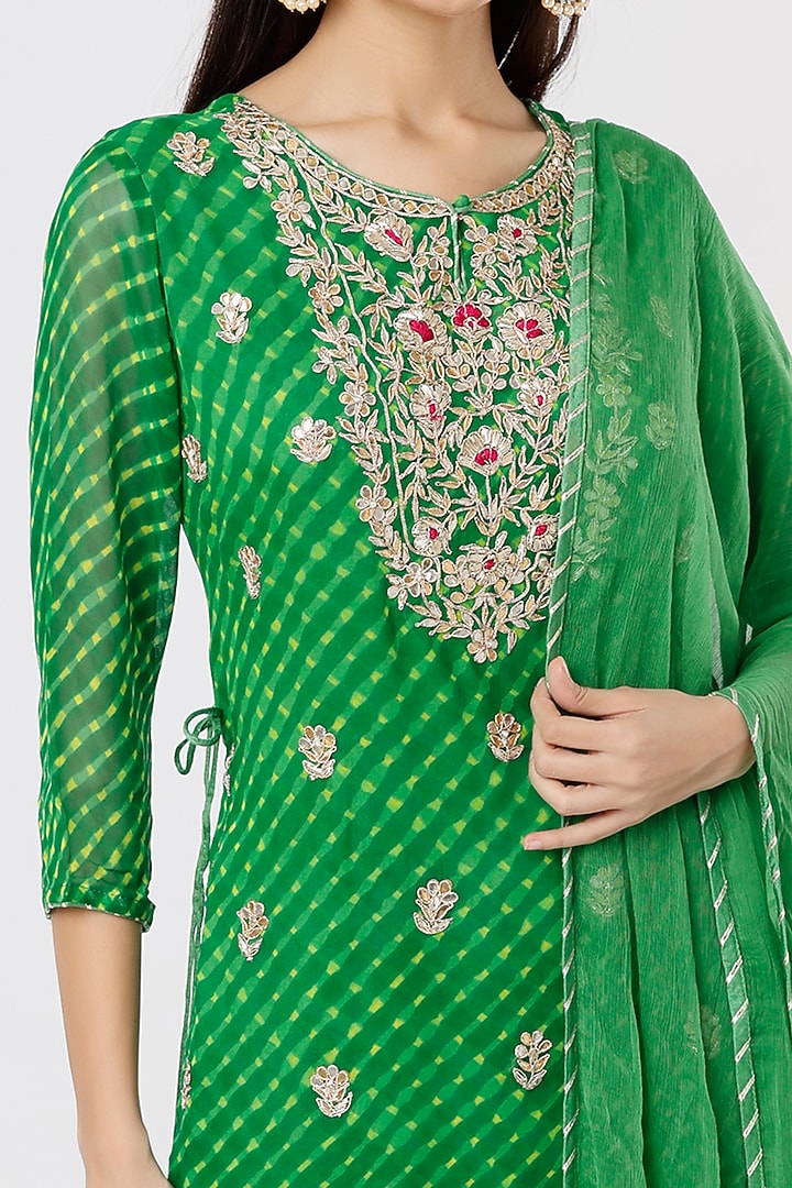 Green Georgette Bandhej Party Wear Sharara Set by Zari Jaipur at Pernia's Pop Up Shop