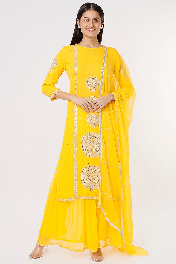 Bright Yellow Georgette Sharara Set by Zari Jaipur