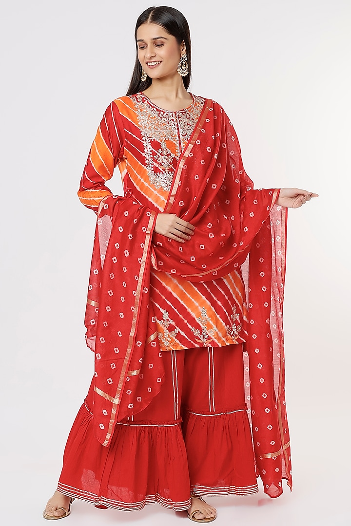 Red Embroidered Sharara Set by Zari Jaipur