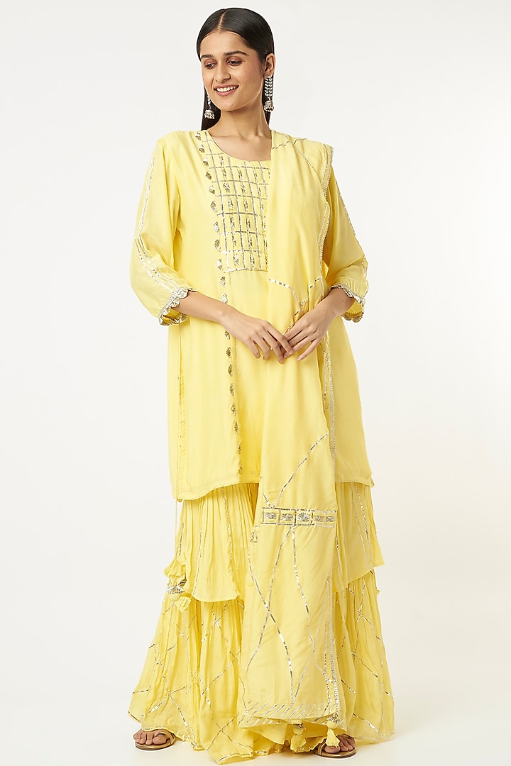 Yellow Muslin Silk Gharara Set by Zari Jaipur