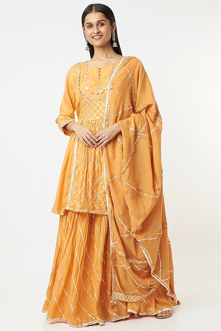 Orange Muslin Silk Sharara Set by Zari Jaipur