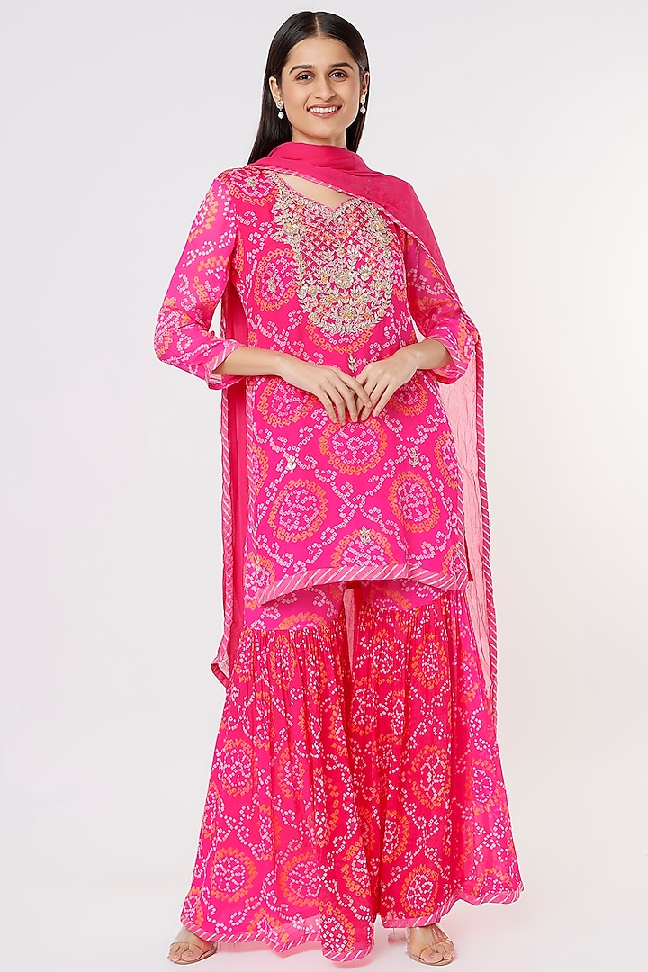 Pink Georgette Bandhej Sharara Set by Zari Jaipur