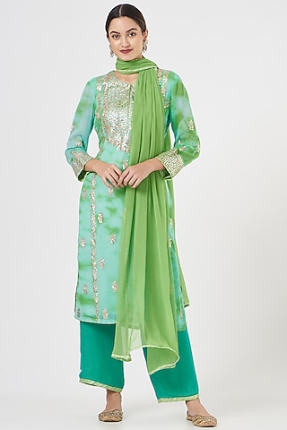 Light Green Embroidered & Printed Kurta Set by Zari Jaipur