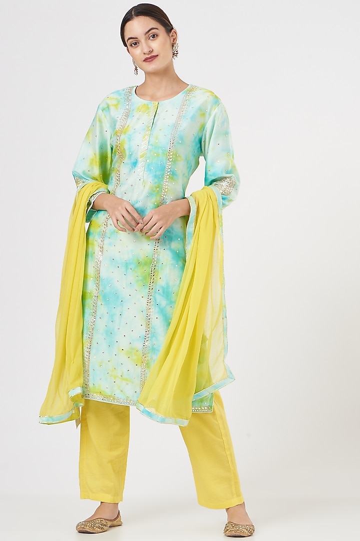 Mint Green Embroidered & Printed Kurta Set by Zari Jaipur at Pernia's Pop Up Shop
