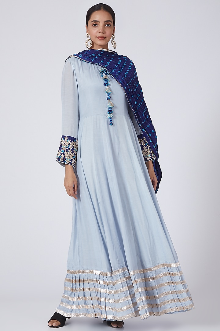 Light Blue Cotton Silk Anarkali Set by Zari Jaipur
