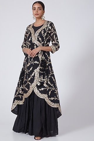 Black Silk Jacket Set by Zari Jaipur