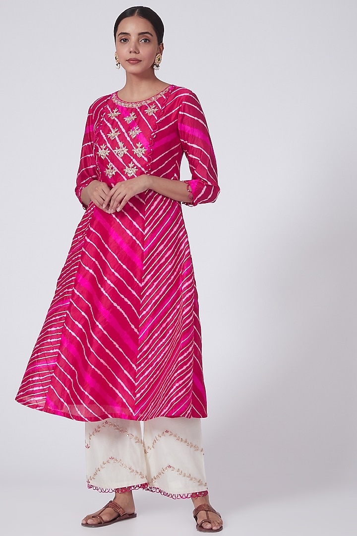 Pink Silk Kurta Set With Zardosi Work by Zari Jaipur