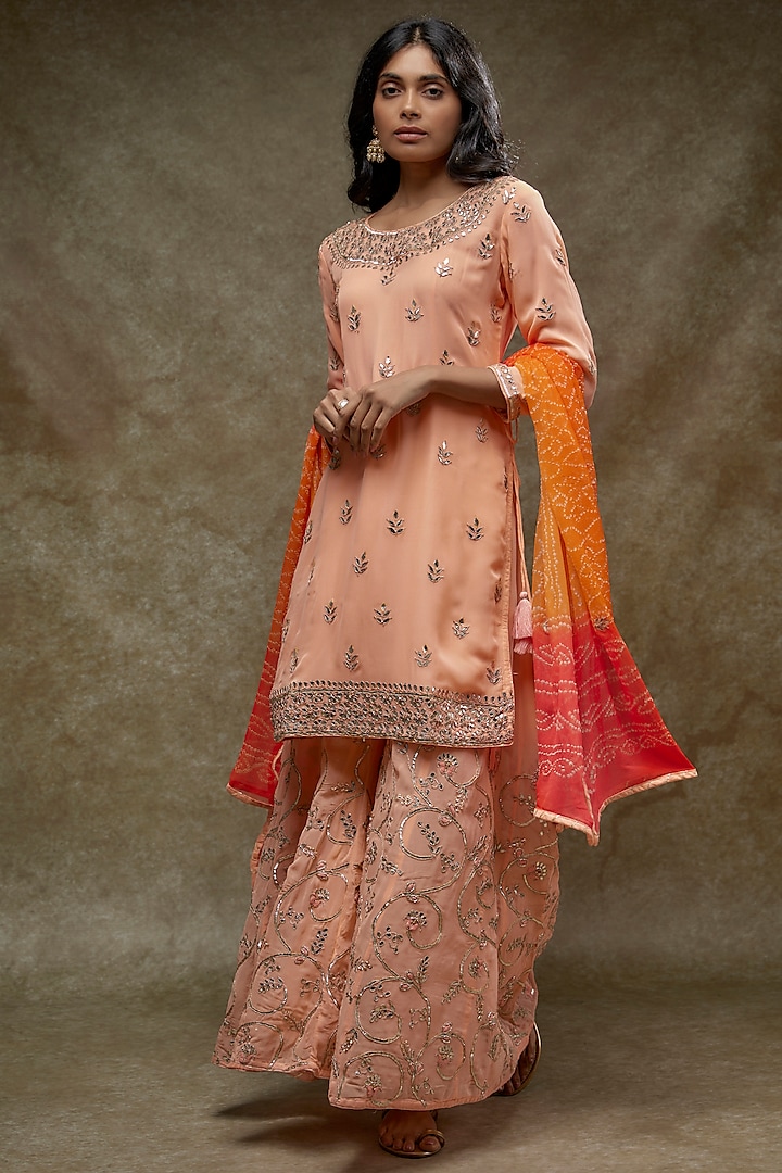 Peach Georgette Embroidered Kurta Set by Zari Jaipur