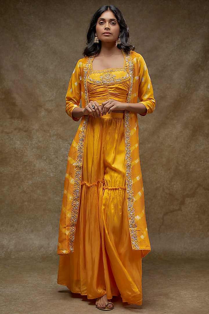 Yellow Chanderi Printed & Embroidered Co-Ord Set by Zari Jaipur