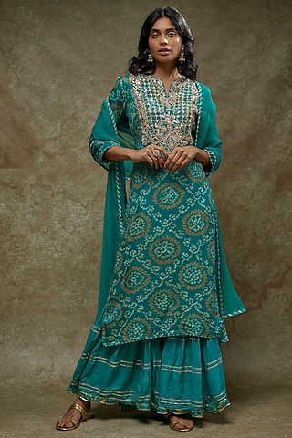 Green Georgette Bandhej Printed & Gota Embroidered Kurta Set by Zari Jaipur