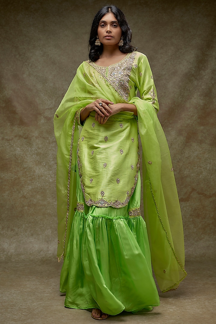 Light Green Silk Gharara Set by Zari Jaipur