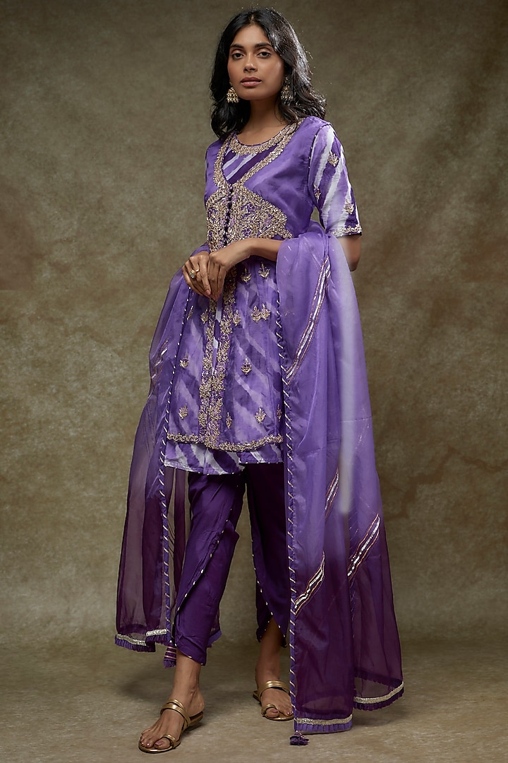 Purple Silk Leheriya Printed & Hand Embroidered Kurta Set by Zari Jaipur