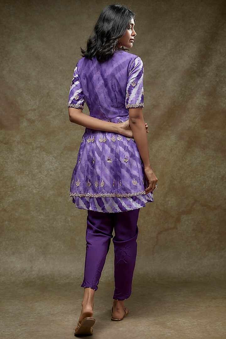 Purple Silk Leheriya Printed & Hand Embroidered Kurta Set by Zari Jaipur at Pernia's Pop Up Shop