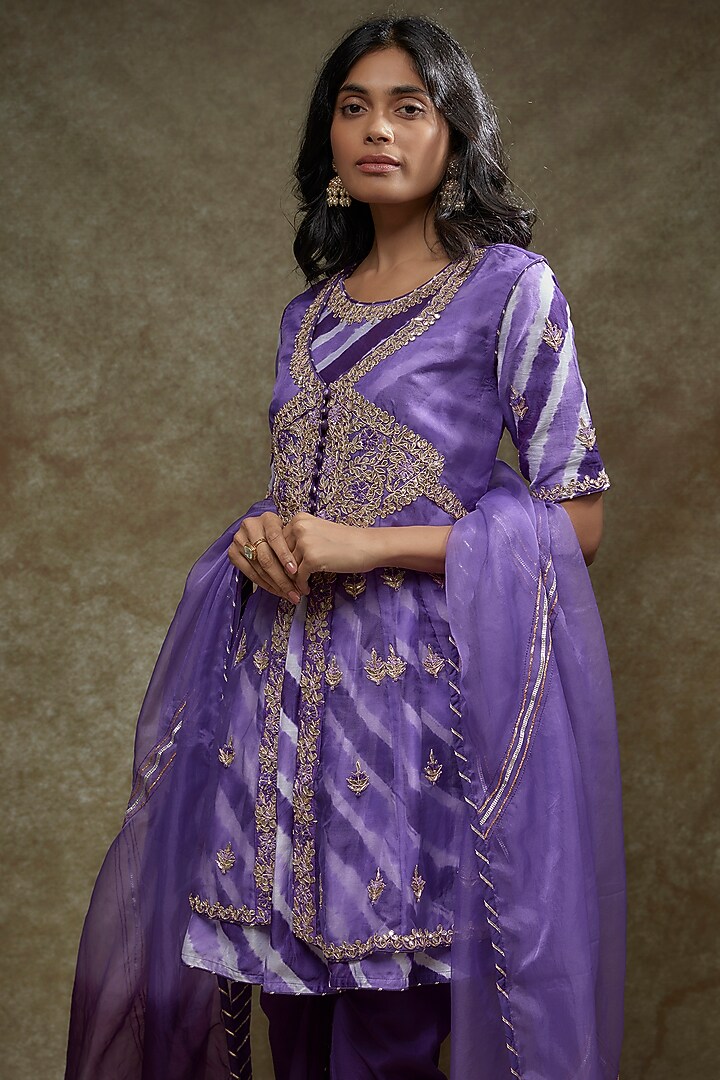 Purple Silk Leheriya Printed & Hand Embroidered Kurta Set by Zari Jaipur at Pernia's Pop Up Shop