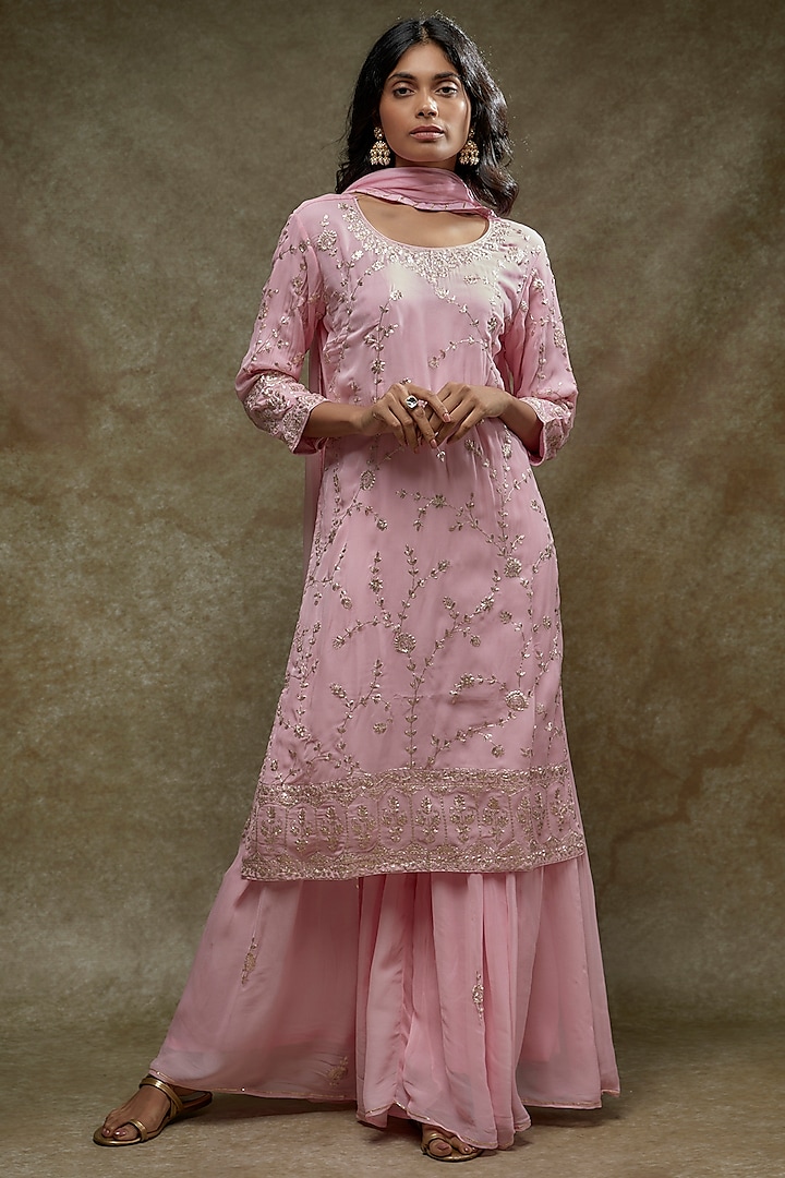 Pink Pure Georgette Embroidered Kurta Set by Zari Jaipur