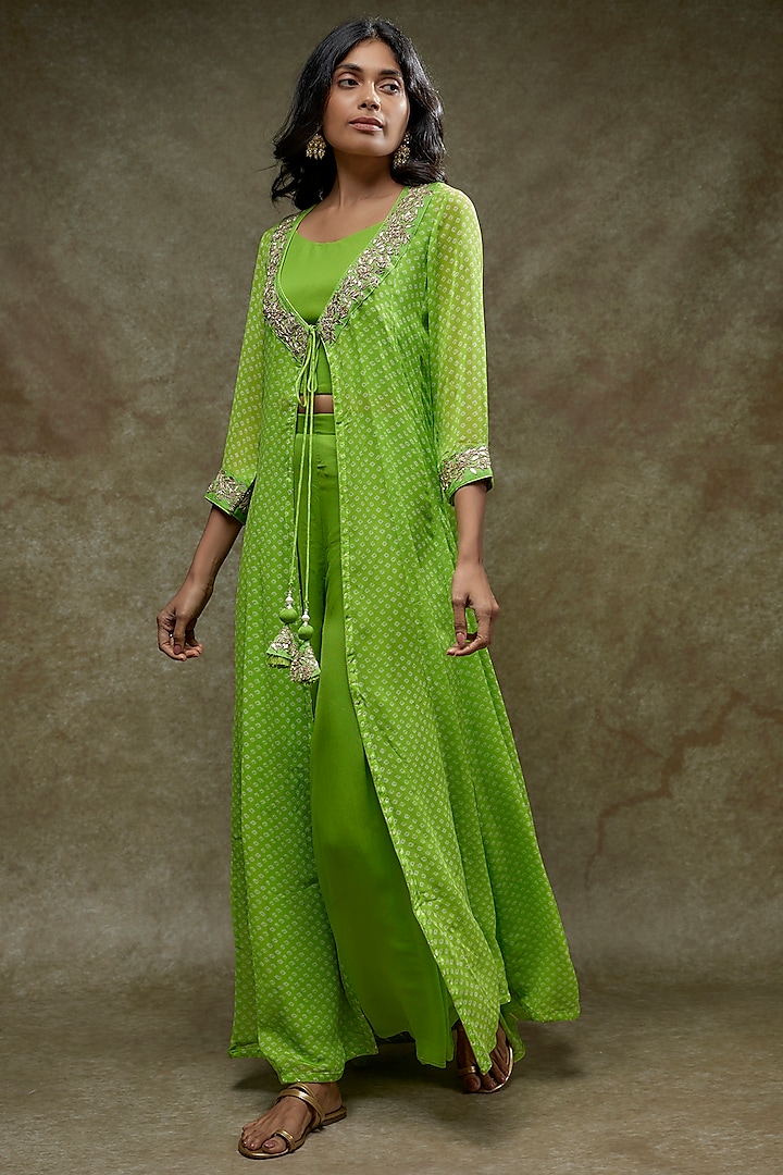 Green Georgette Printed & Embroidered Co-Ord Set by Zari Jaipur