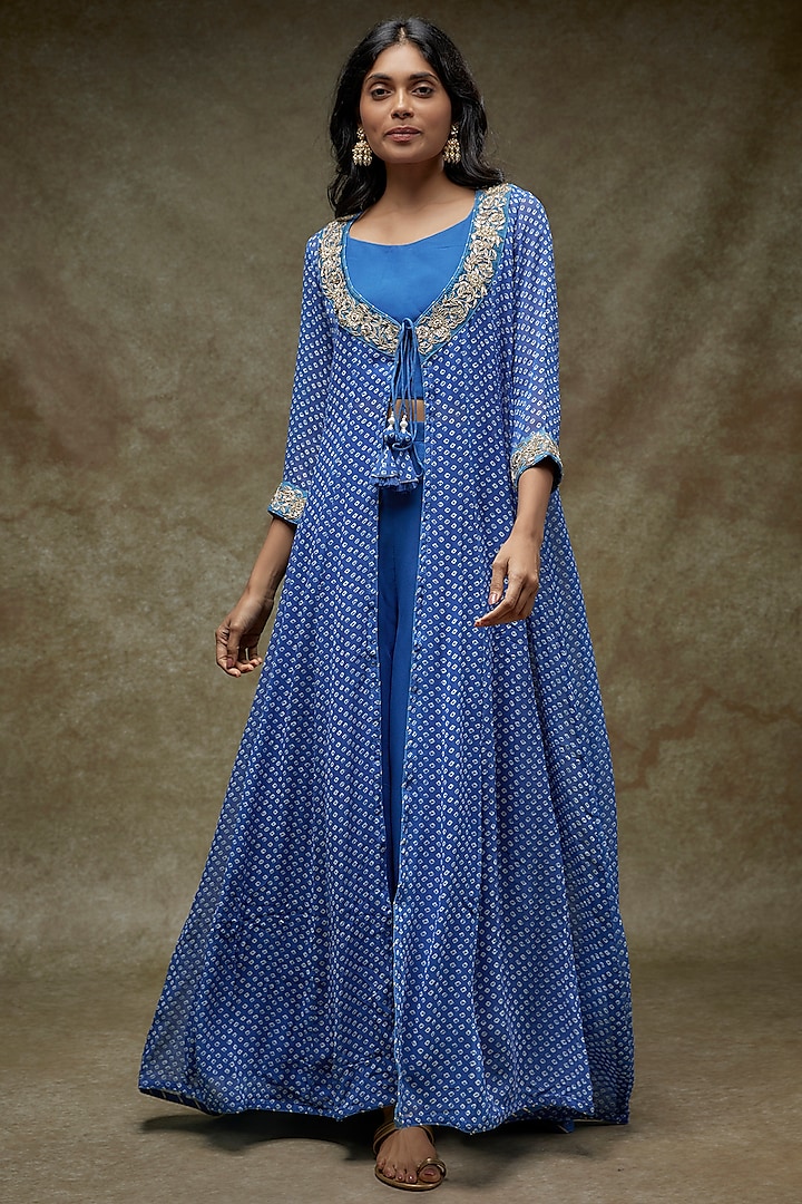 Blue Georgette Printed & Embroidered Co-Ord Set by Zari Jaipur
