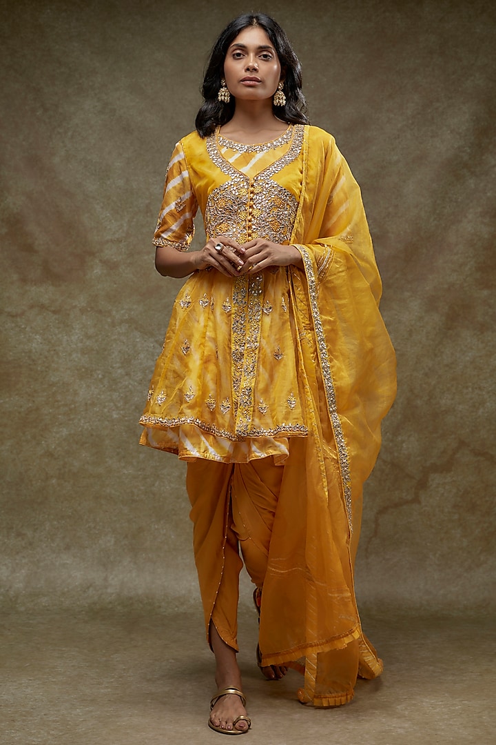 Gold Silk Leheriya Printed & Hand Embroidered Kurta Set by Zari Jaipur
