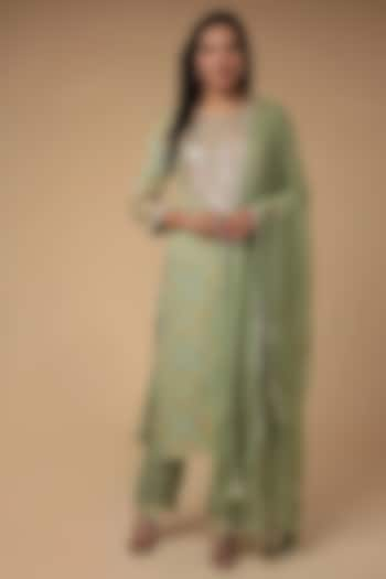 Light Green Georgette Gota Patti Work Bandhej Kurta Set by Zari Jaipur at Pernia's Pop Up Shop