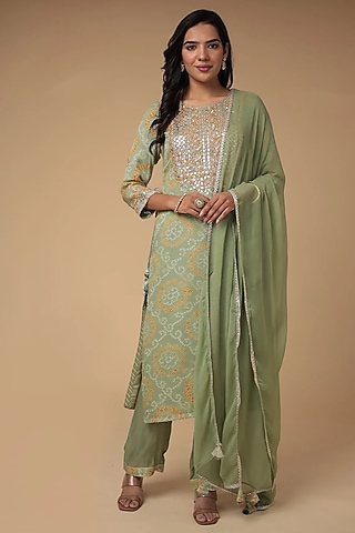 Light Green Georgette Gota Patti Work Bandhej Kurta Set by Zari Jaipur