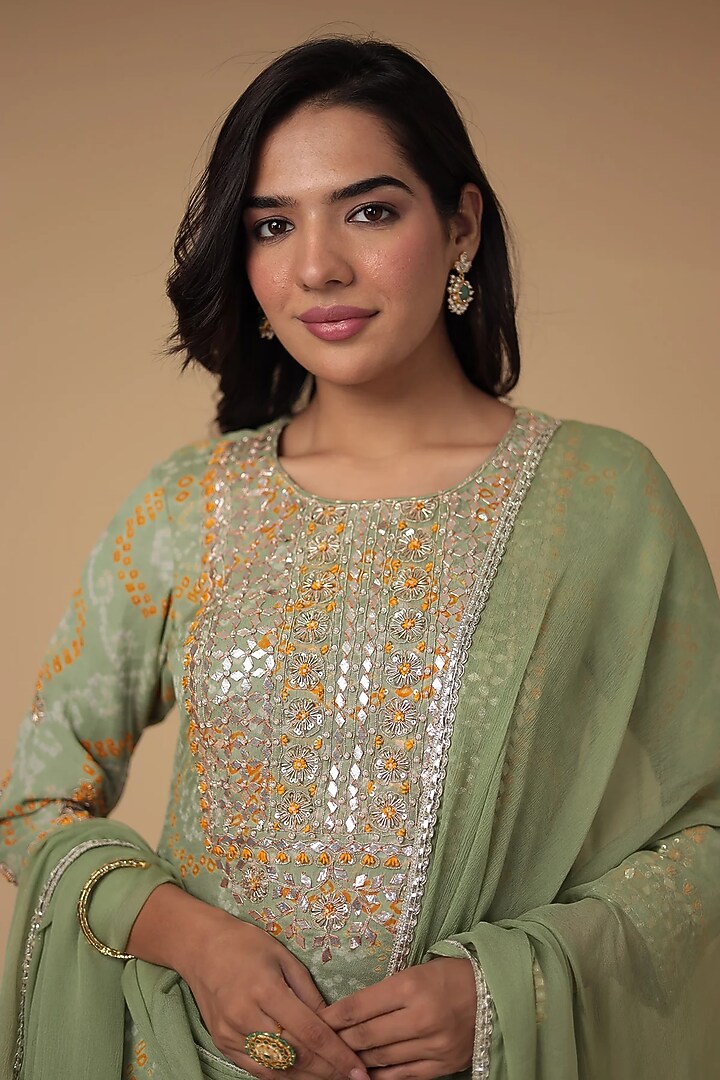 Light Green Georgette Gota Patti Work Bandhej Kurta Set by Zari Jaipur at Pernia's Pop Up Shop