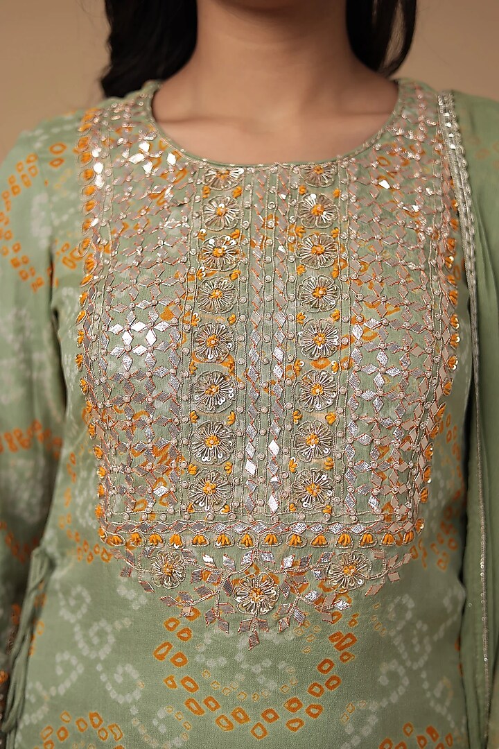 Light Green Georgette Gota Patti Work Bandhej Kurta Set by Zari Jaipur at Pernia's Pop Up Shop