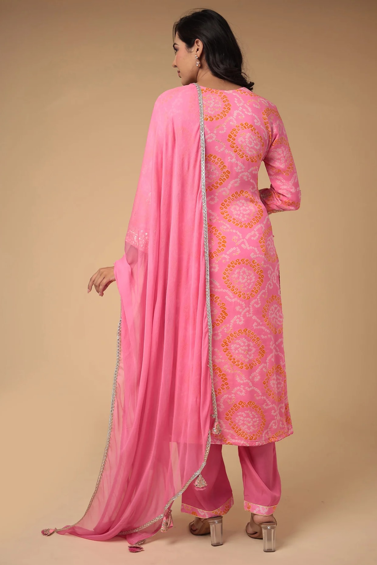 Light Pink Georgette Gota Patti Work Bandhej Kurta Set by Zari