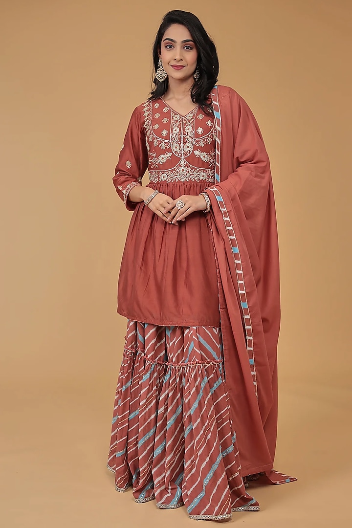 Brown Chanderi Silk Leheriya Sharara Set by Zari Jaipur at Pernia's Pop Up Shop