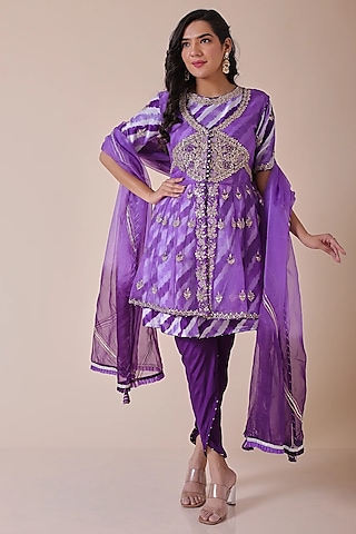 Purple Organza Gota Patti Embroidered Peplum Kurta Set by Zari Jaipur