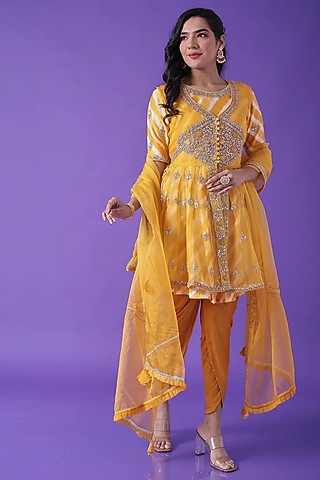 Yellow Organza Gota Patti Embroidered Peplum Kurta Set by Zari Jaipur