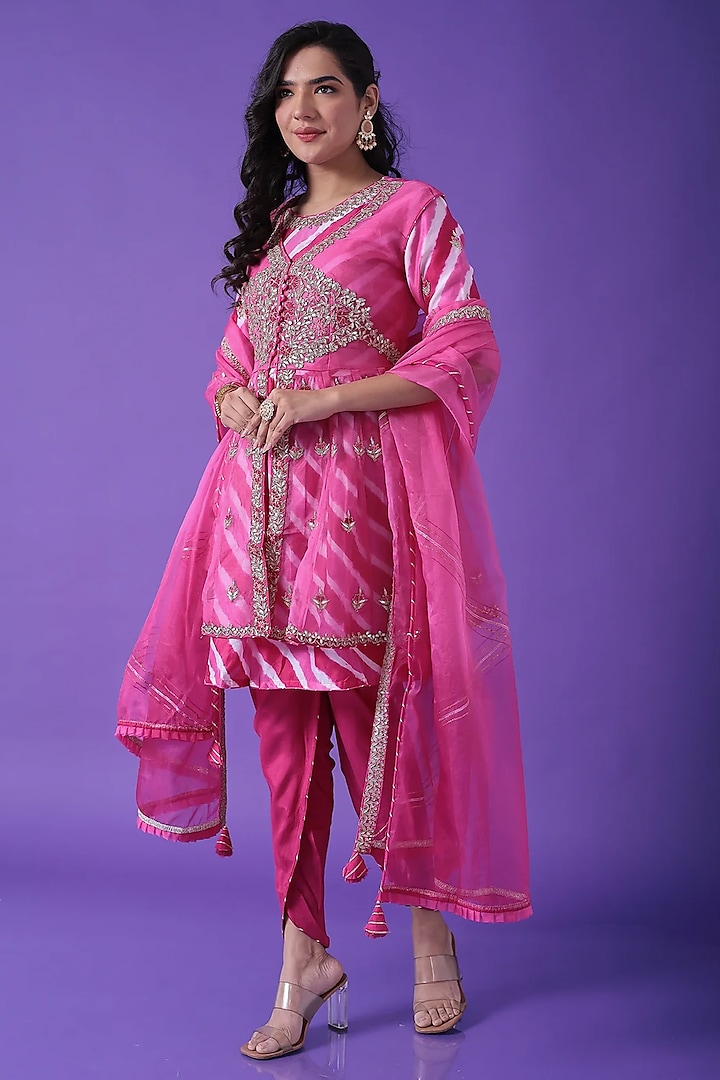 Dark Pink Organza Gota Patti Embroidered Peplum Kurta Set by Zari Jaipur at Pernia's Pop Up Shop