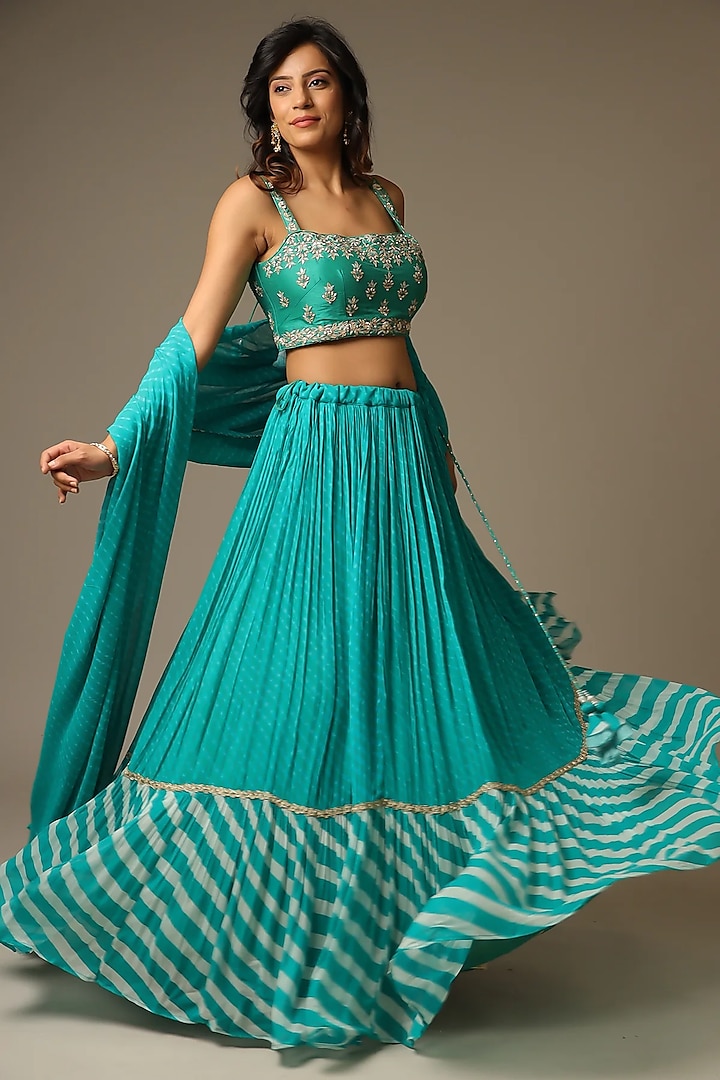 Dark Green Georgette Gota Patti Work Leheriya Wedding Lehenga Set by Zari Jaipur at Pernia's Pop Up Shop