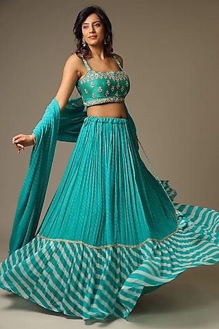 Dark Green Georgette Gota Patti Work Leheriya Lehenga Set by Zari Jaipur