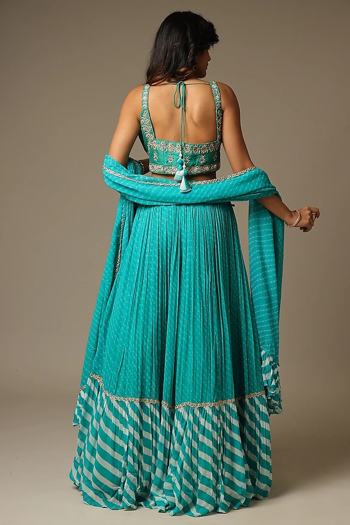 Dark Green Georgette Gota Patti Work Leheriya Wedding Lehenga Set by Zari Jaipur at Pernia's Pop Up Shop