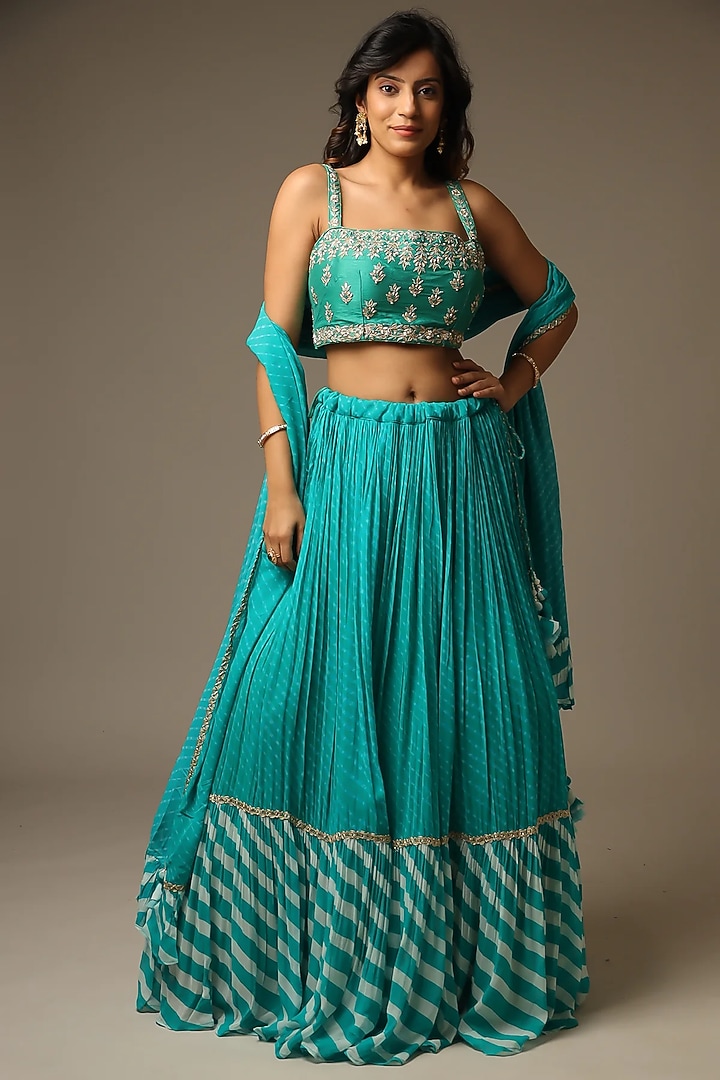 Dark Green Georgette Gota Patti Work Leheriya Wedding Lehenga Set by Zari Jaipur at Pernia's Pop Up Shop