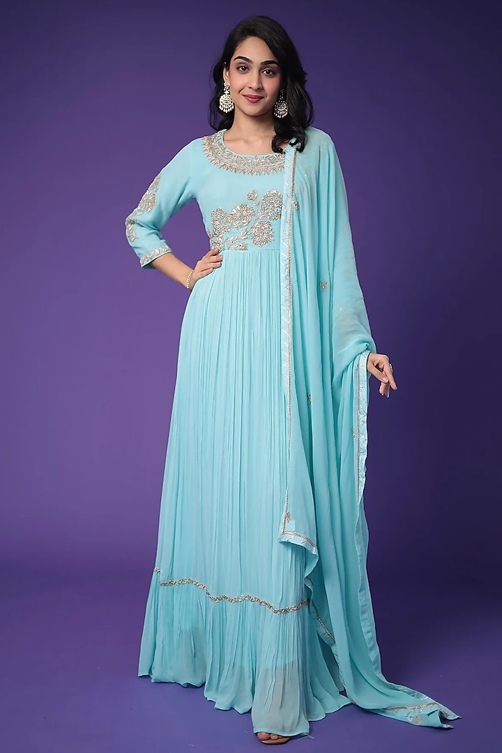 Blue Georgette Zardosi Embroidered Anarkali Set by Zari Jaipur at Pernia's Pop Up Shop