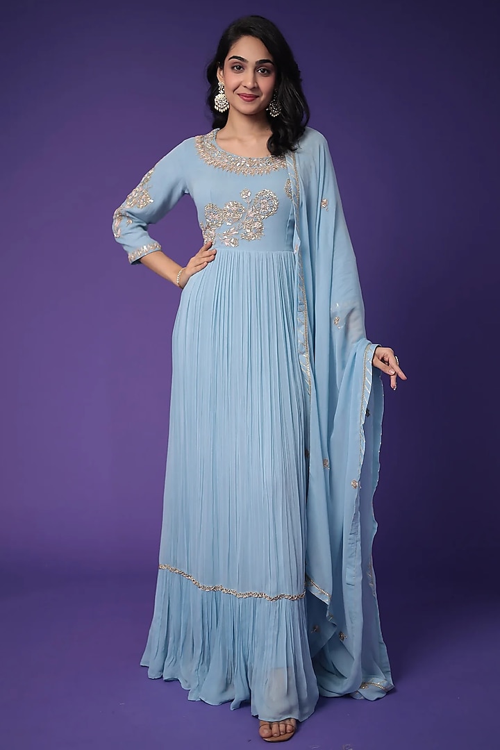 Light Blue Georgette Zardosi Embroidered Anarkali Set by Zari Jaipur at Pernia's Pop Up Shop