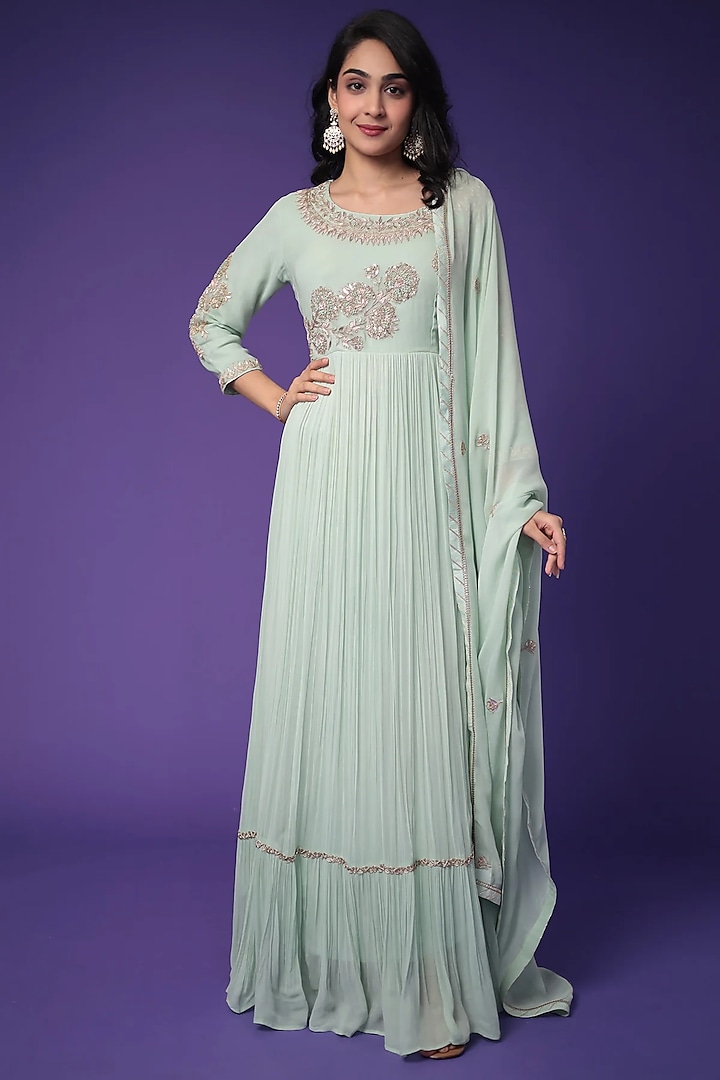 Light Green Georgette Zardosi Embroidered Anarkali Set by Zari Jaipur at Pernia's Pop Up Shop