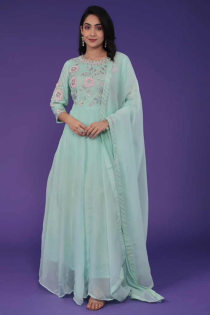 Light Green Organza Cutdana Embroidered Anarkali Set by Zari Jaipur at Pernia's Pop Up Shop