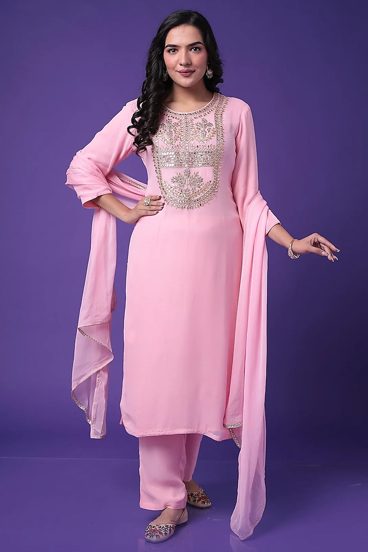 Light Pink Georgette Dori Embroidered Straight Kurta Set by Zari Jaipur at Pernia's Pop Up Shop