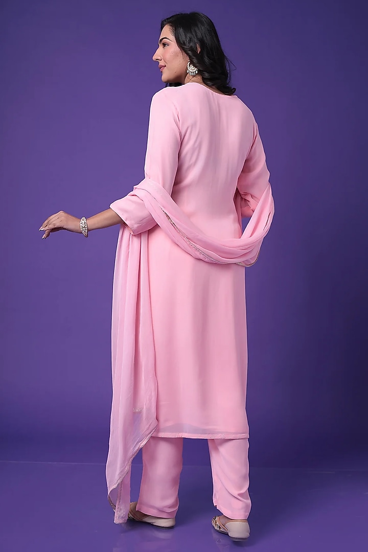 Light Pink Georgette Dori Embroidered Straight Kurta Set by Zari