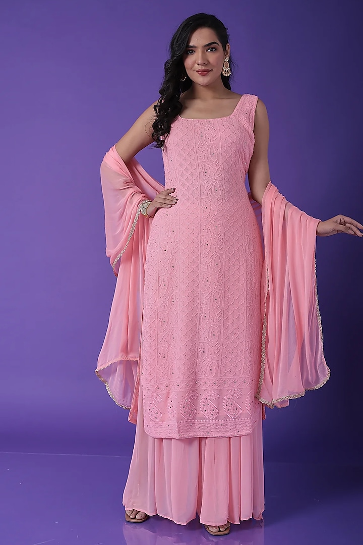 Light Pink Georgette Embroidered Straight Kurta Set by Zari Jaipur at Pernia's Pop Up Shop