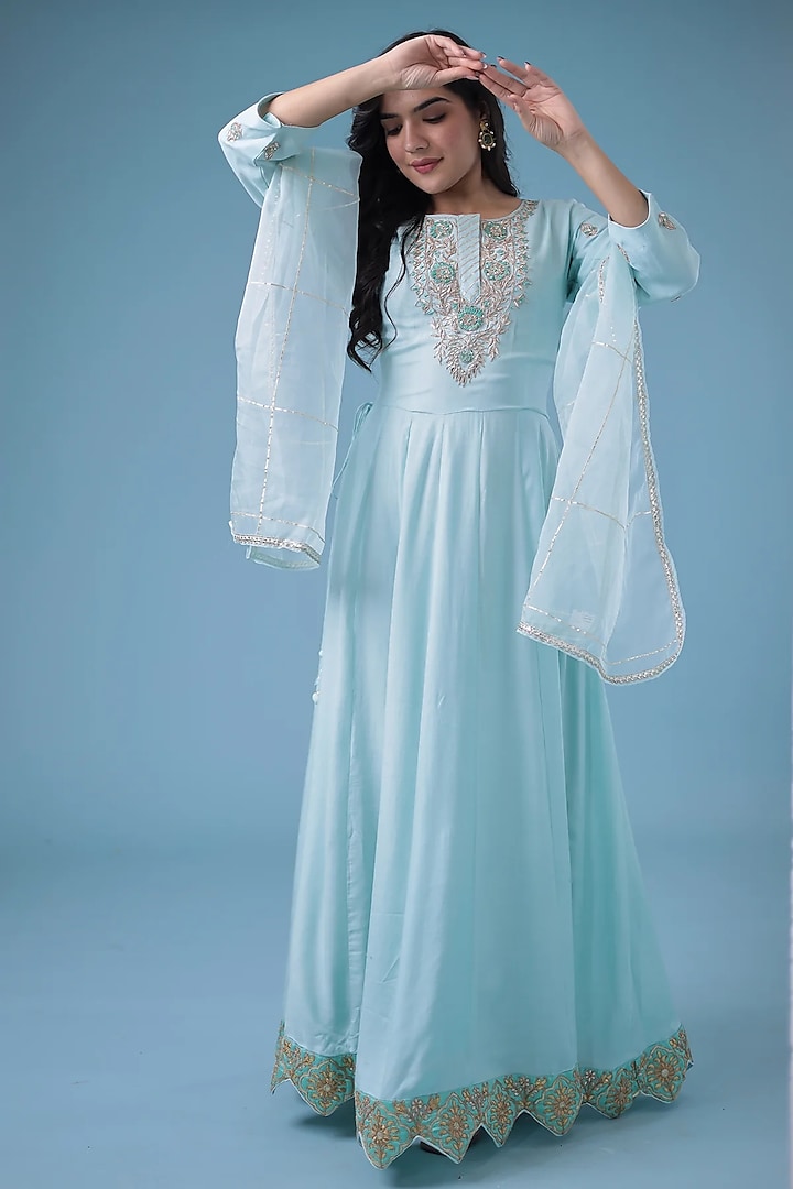 Light Blue Chanderi Gota Patti Embroidered Anarkali Set by Zari Jaipur at Pernia's Pop Up Shop