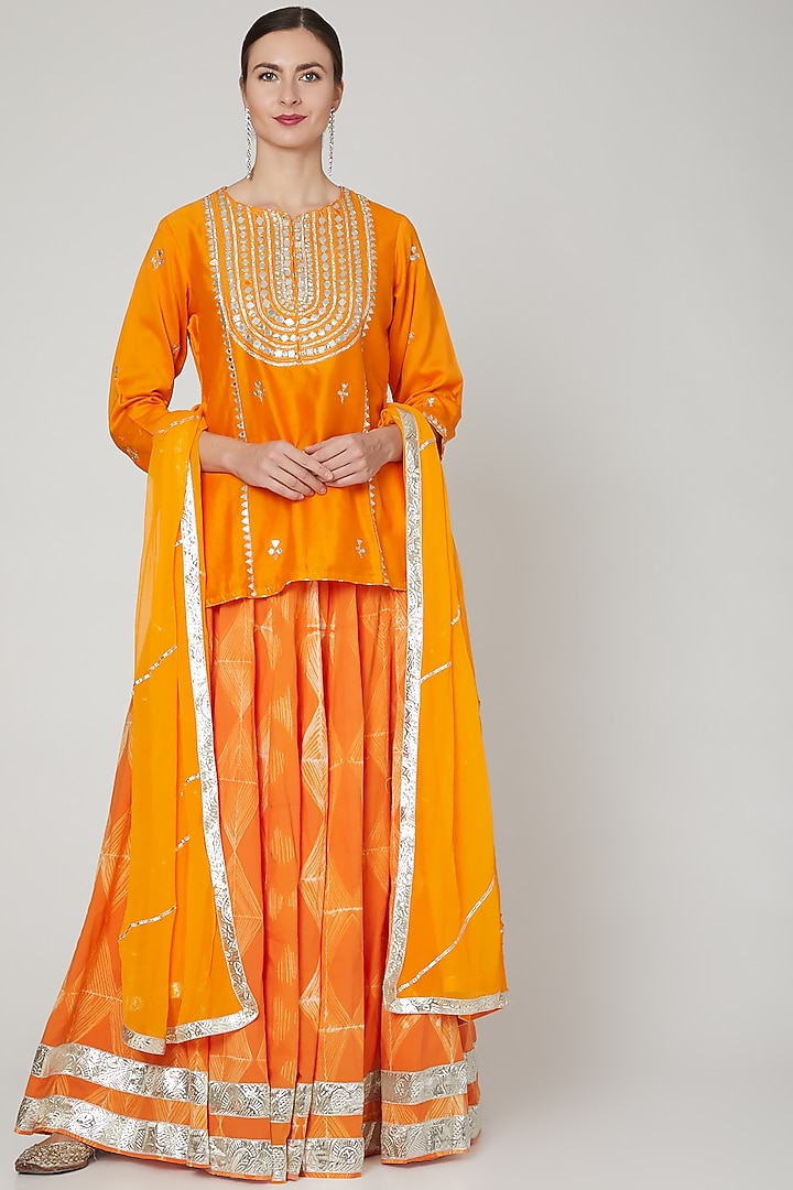 Orange Embroidered Lehenga Set by Zari Jaipur at Pernia's Pop Up Shop