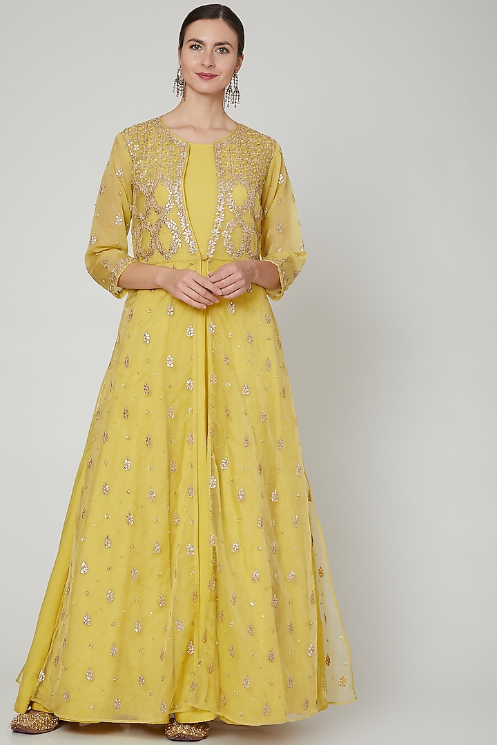 Yellow Embroidered Lehenga Set With Jacket by Zari Jaipur