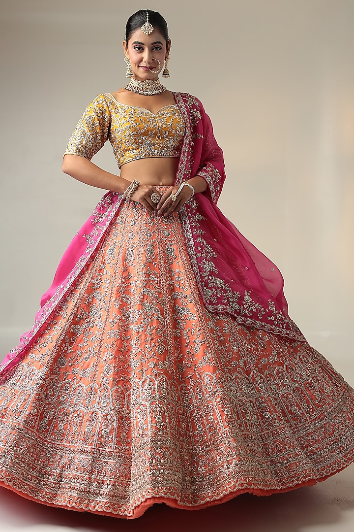 Orange Organza Cutdana & Zardosi Embellished Bridal Lehenga Set by Zari Jaipur at Pernia's Pop Up Shop