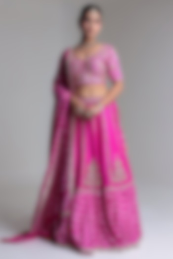 Dark Pink Satin Silk Embroidered & Printed Bridal Lehenga Set by Zari Jaipur at Pernia's Pop Up Shop